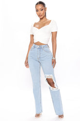 Call Me High Rise Booty Rip Straight Leg Jeans - Light Blue Wash Ins Street